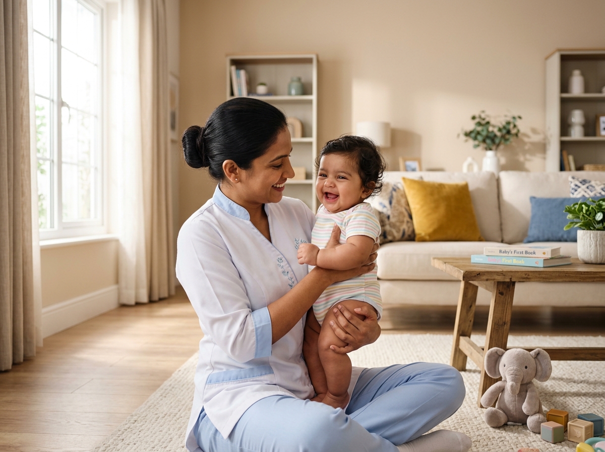 Loving Carelio Nanny caring for smiling baby in Delhi NCR home